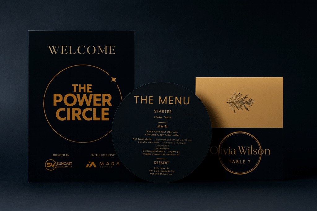 C-suite / executive private dinner welcome sign, menu and place card. Black and gold welcome sign. Black and gold round printed menu. Black and gold place card